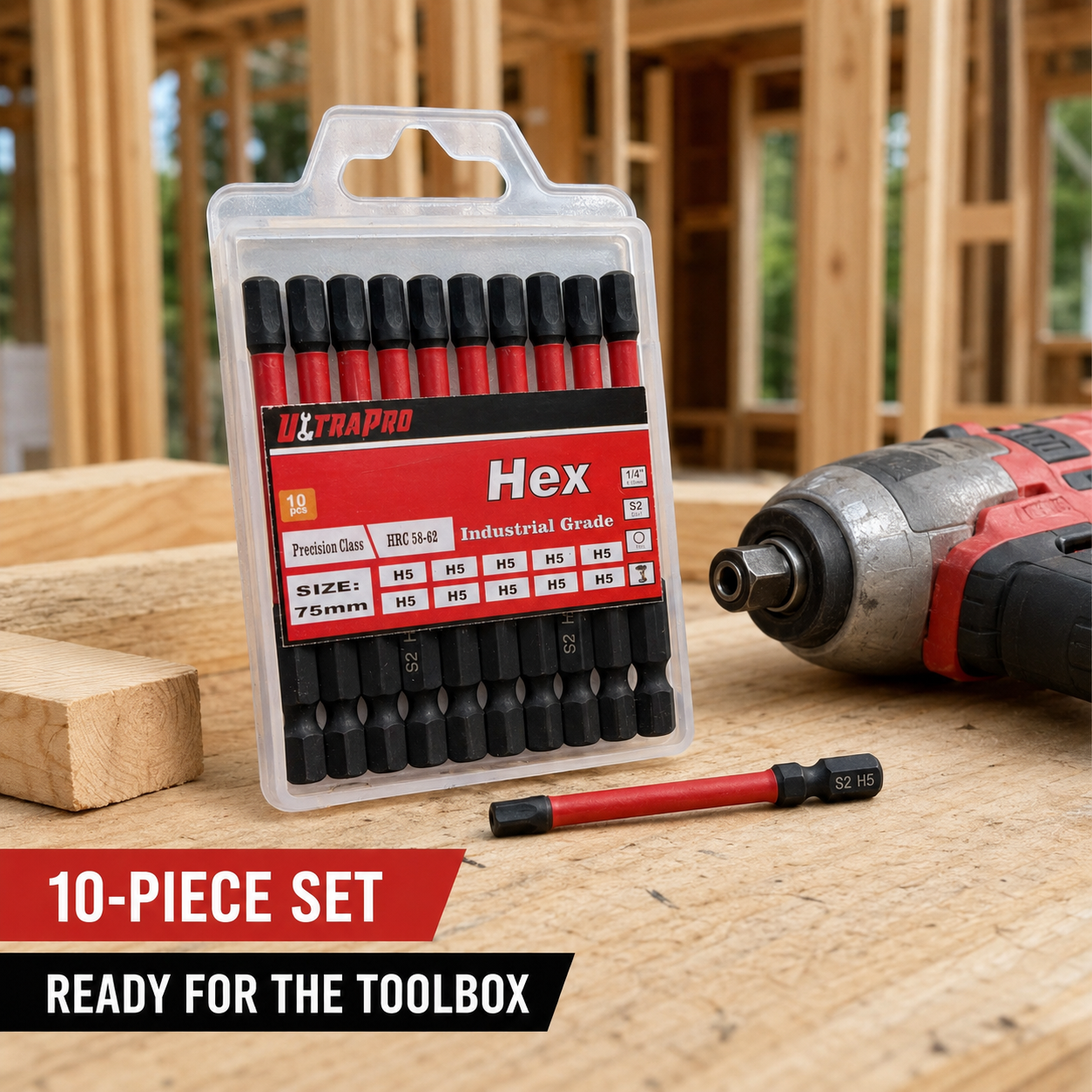 ULTRAPRO 10pc 75mm x 5mm H5 Impact Torsion Hex Bit Set Bugle Batten