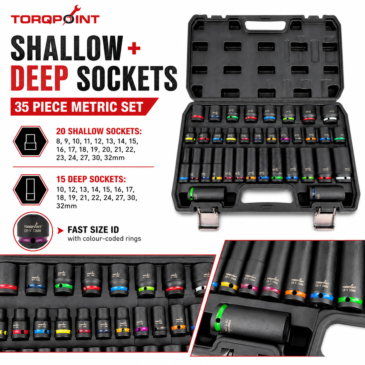 35pc 1/2" Drive Shallow & Deep Impact Socket Set Metric 8-32mm 6 Point Torqpoint