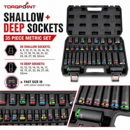 35pc 1/2" Drive Shallow & Deep Impact Socket Set Metric 8-32mm 6 Point Torqpoint
