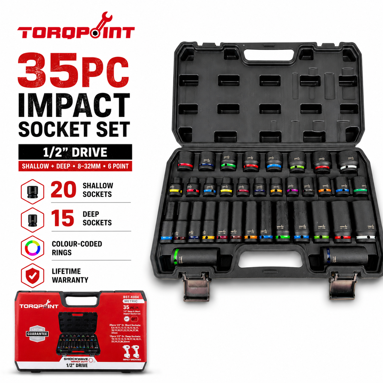 35pc 1/2" Drive Shallow & Deep Impact Socket Set Metric 8-32mm 6 Point Torqpoint