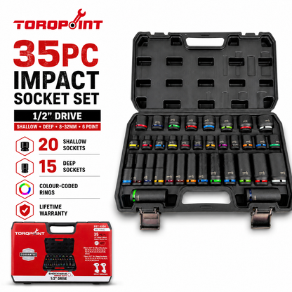35pc 1/2" Drive Shallow & Deep Impact Socket Set Metric 8-32mm 6 Point Torqpoint