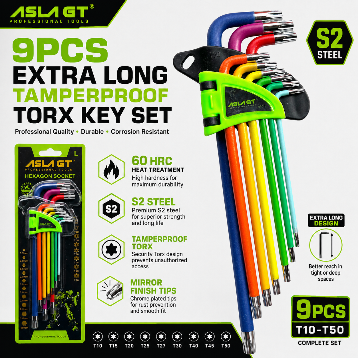 9pc Extra Long Tamperproof Torx Key Set T10-T50 S2 Steel Colour Coded ASLA GT