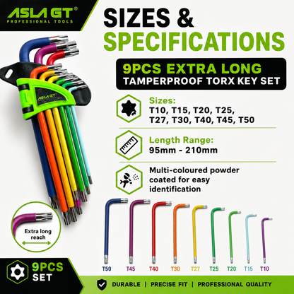9pc Extra Long Tamperproof Torx Key Set T10-T50 S2 Steel Colour Coded ASLA GT