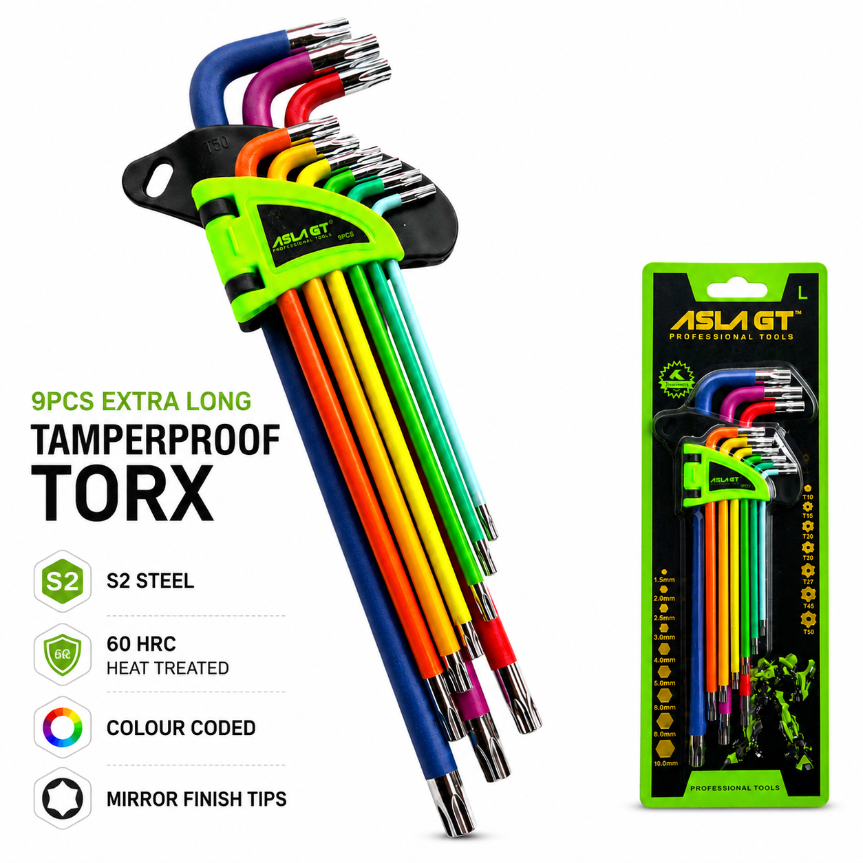 9pc Extra Long Tamperproof Torx Key Set T10-T50 S2 Steel Colour Coded ASLA GT