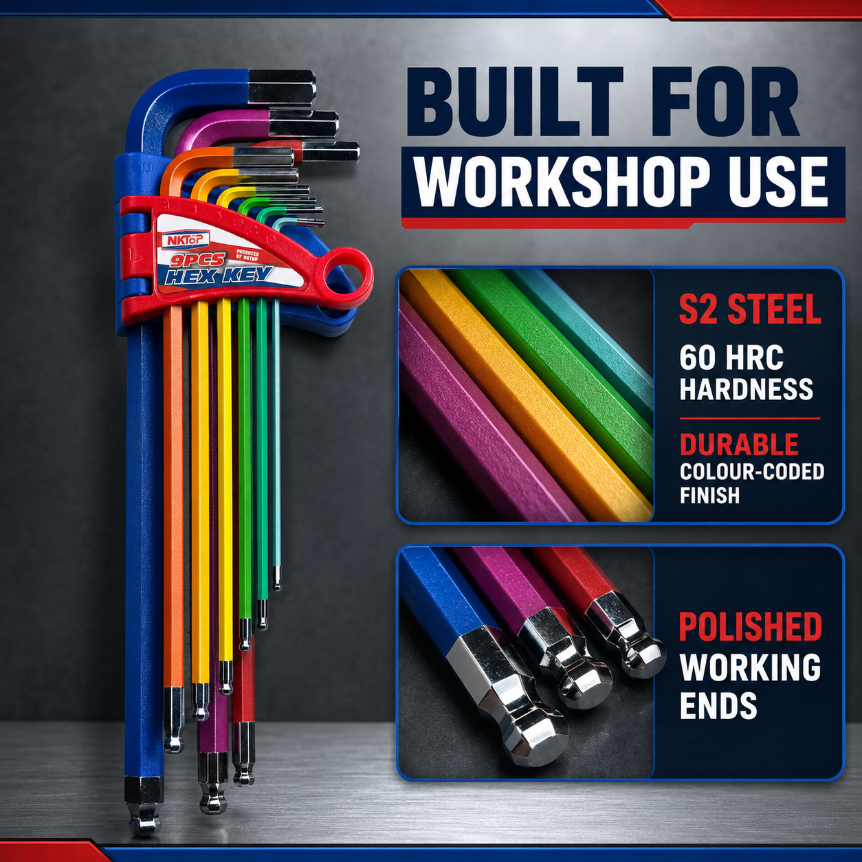 NKTOP 9pc Extra Long Ball-End Hex / Allen Key Set – Metric S2 Steel
