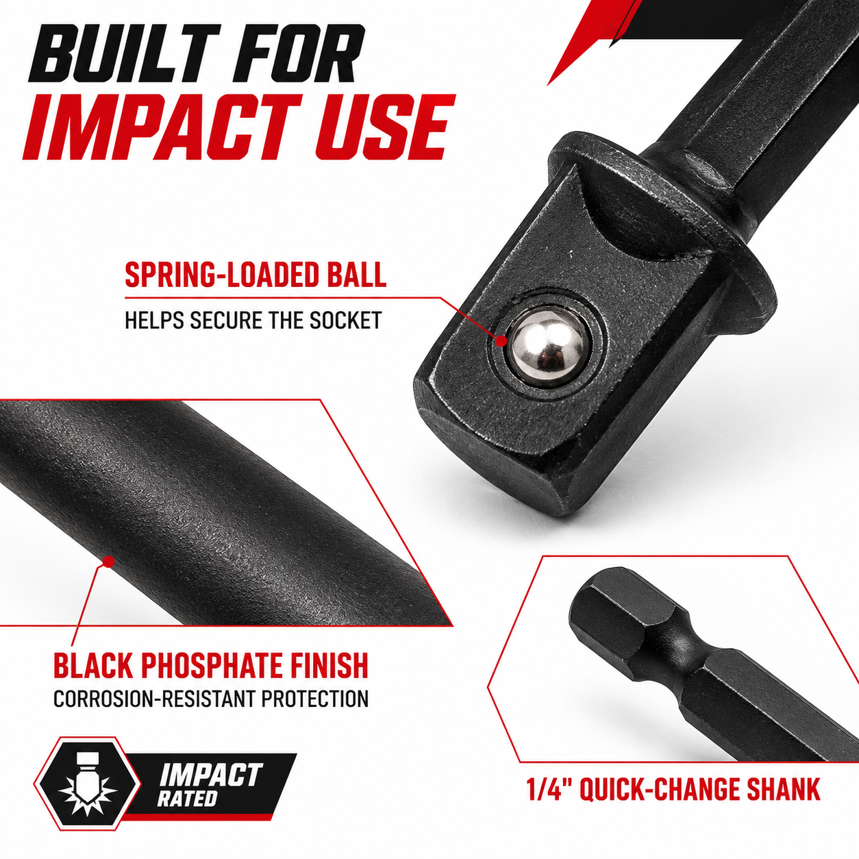 TorqPoint 50mm / 150mm 1/4″ Hex to 1/2″ Drive Impact Socket Adapter