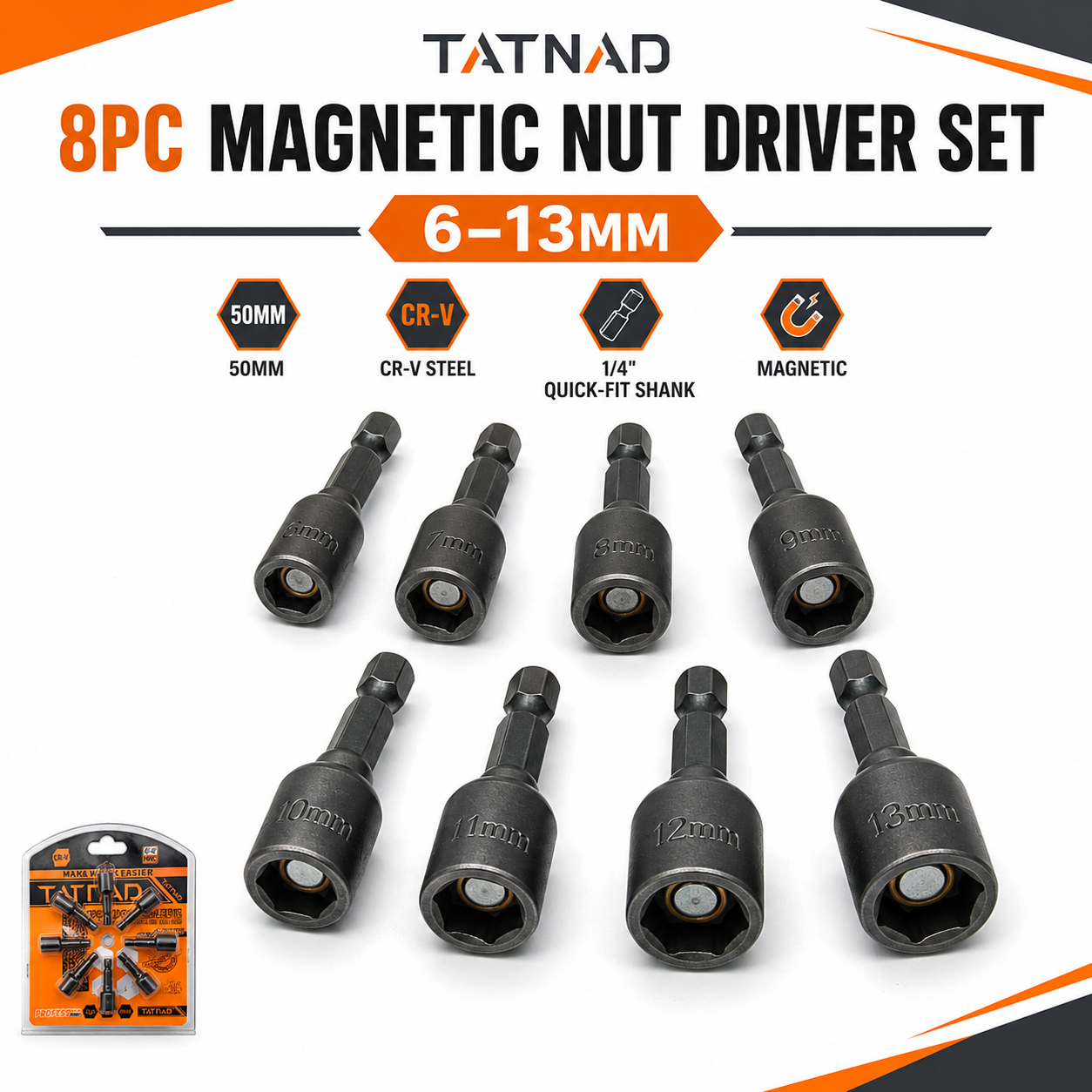 TATNAD 8pc Magnetic Nut Driver Set 6-13mm 50mm Quick Fit Drill Bits
