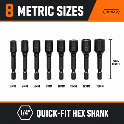 TATNAD 8pc Magnetic Nut Driver Set 6-13mm 50mm Quick Fit Drill Bits