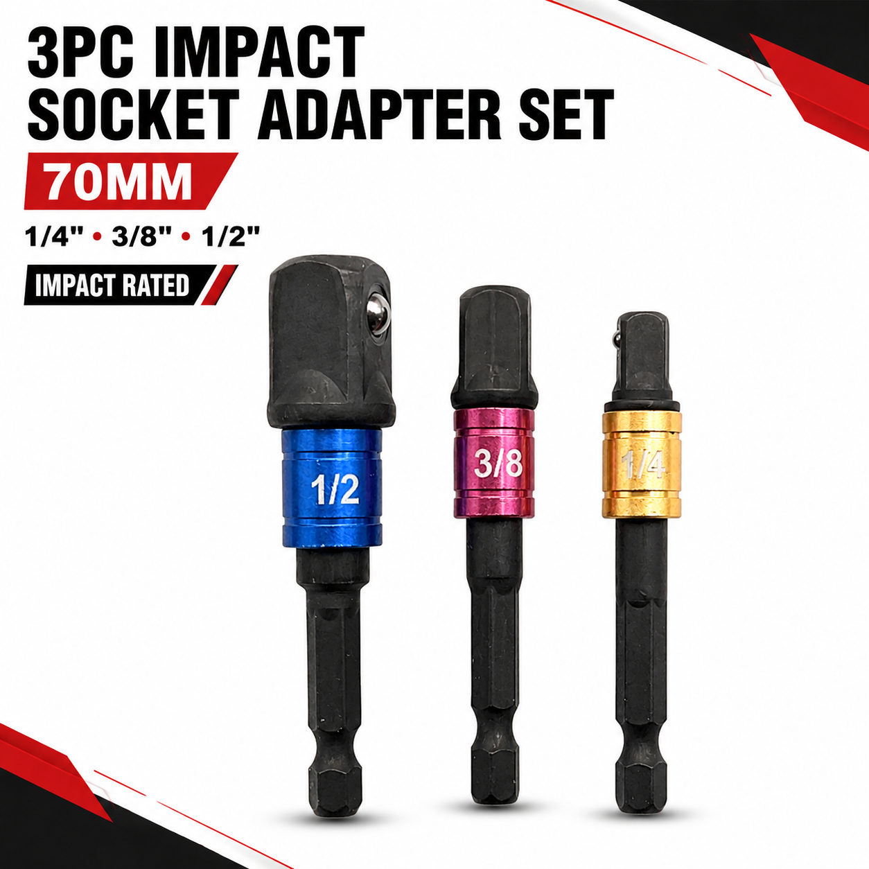 3pc Impact Socket Adapter Set 1/4" 3/8" 1/2" Drive 70mm Extension Bars