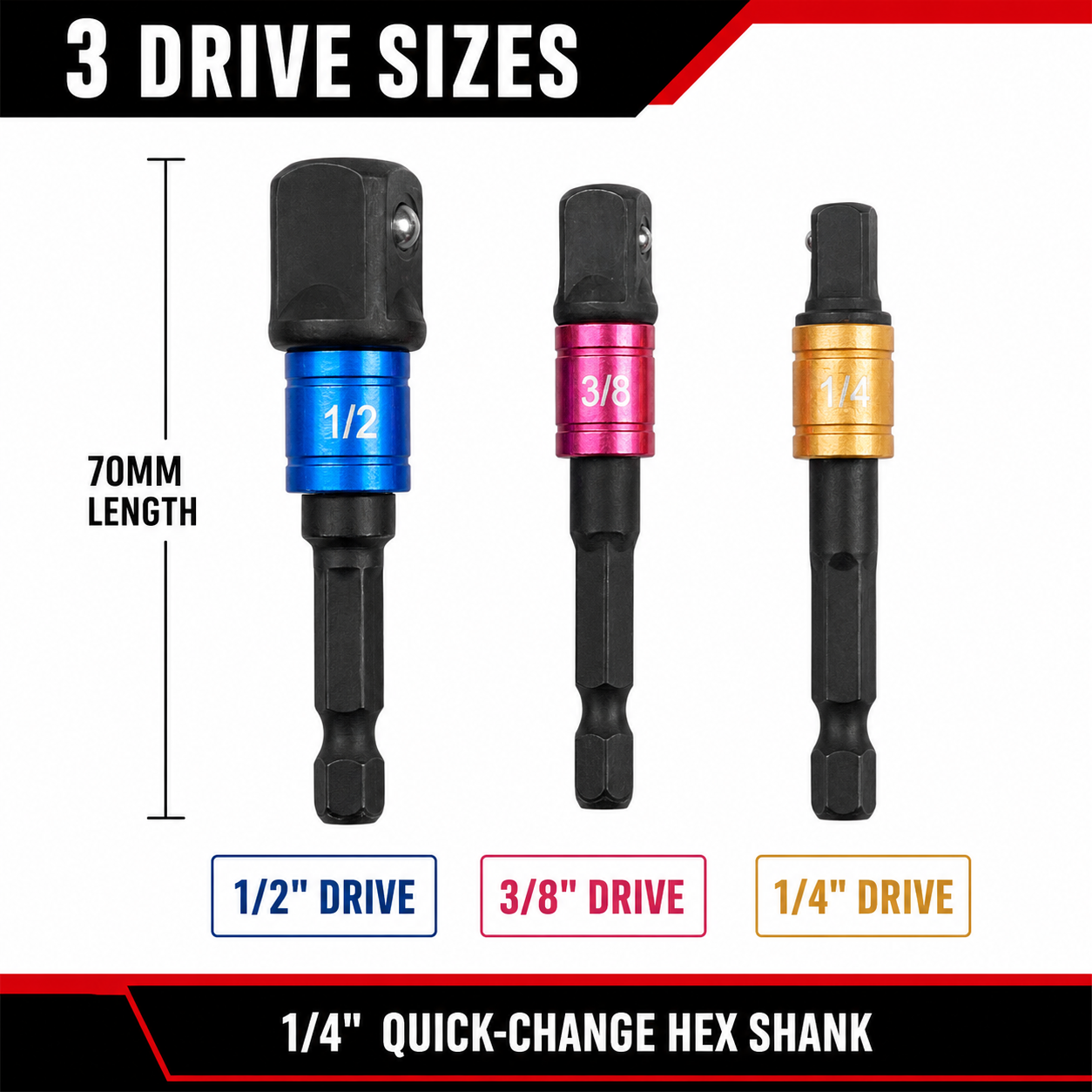 3pc Impact Socket Adapter Set 1/4" 3/8" 1/2" Drive 70mm Extension Bars