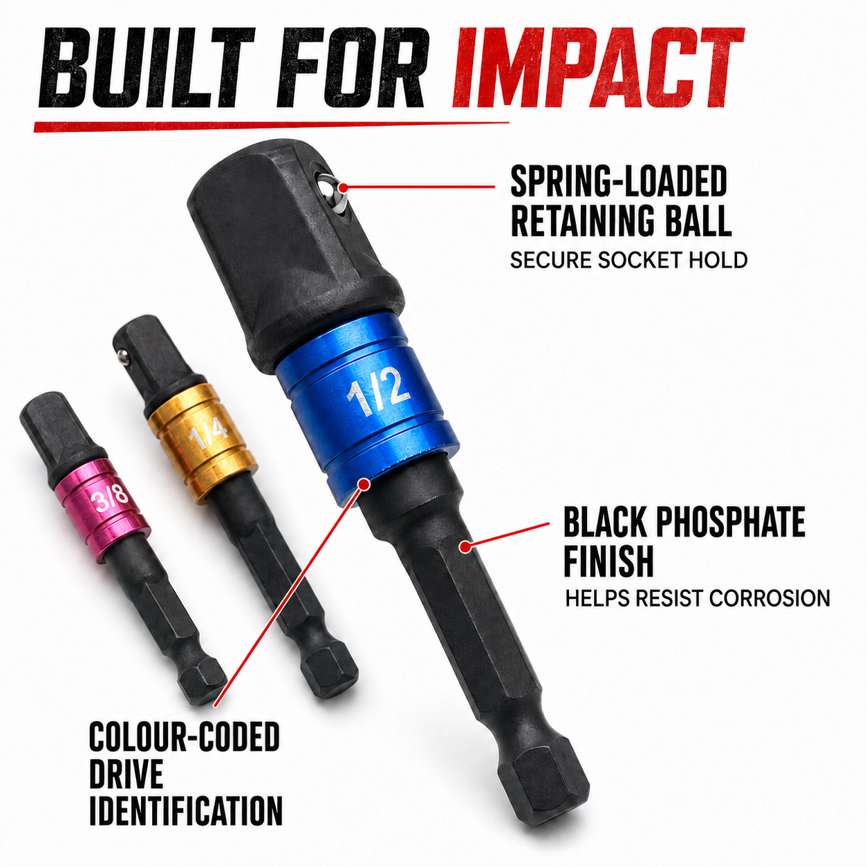 3pc Impact Socket Adapter Set 1/4" 3/8" 1/2" Drive 70mm Extension Bars