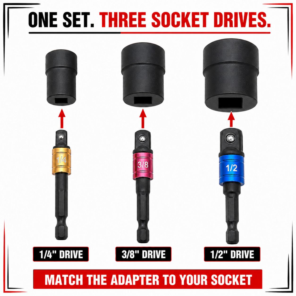 3pc Impact Socket Adapter Set 1/4" 3/8" 1/2" Drive 70mm Extension Bars