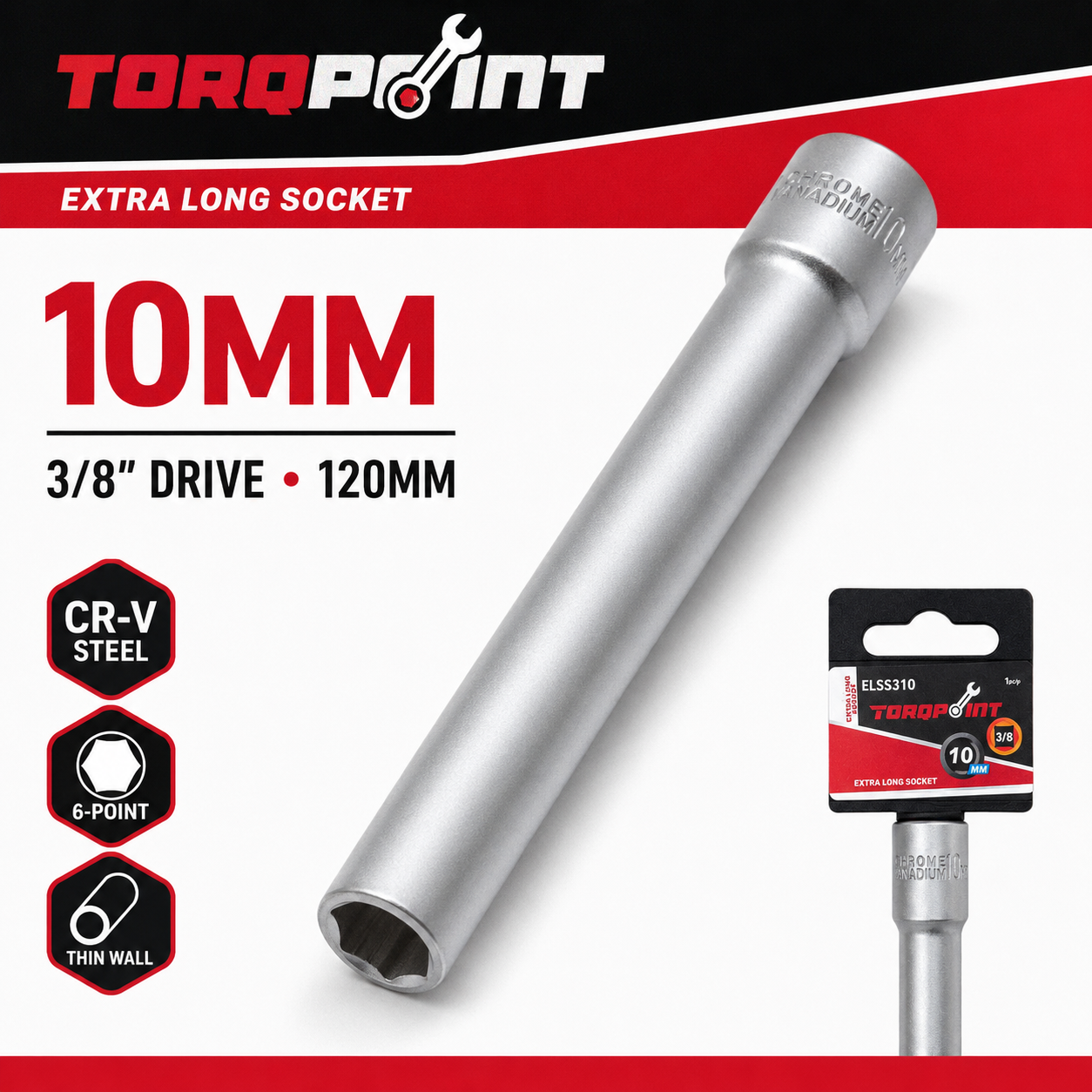 Torqpoint 3/8" Drive 120mm Extra Long Deep Socket 6-Point 8/10/12mm