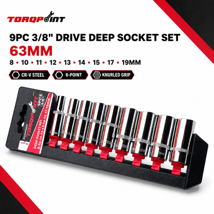 Torqpoint 9pc 3/8" Drive Deep Socket Set Metric 8–19mm 63mm CR-V