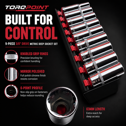 Torqpoint 9pc 3/8" Drive Deep Socket Set Metric 8–19mm 63mm CR-V