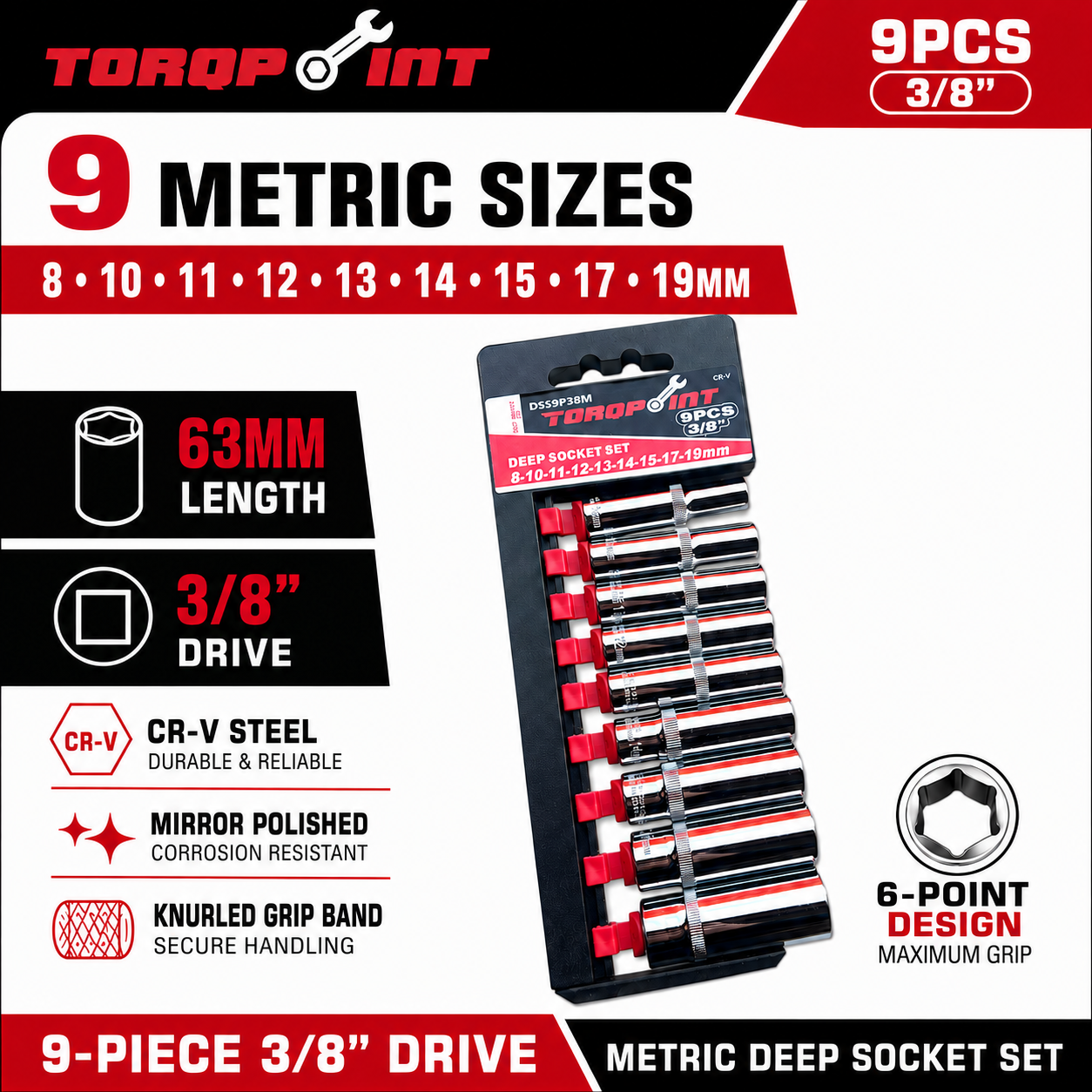 Torqpoint 9pc 3/8" Drive Deep Socket Set Metric 8–19mm 63mm CR-V