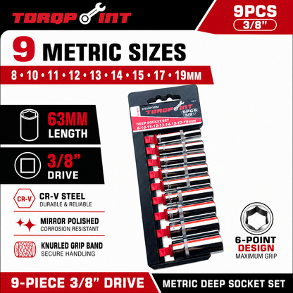 Torqpoint 9pc 3/8" Drive Deep Socket Set Metric 8–19mm 63mm CR-V
