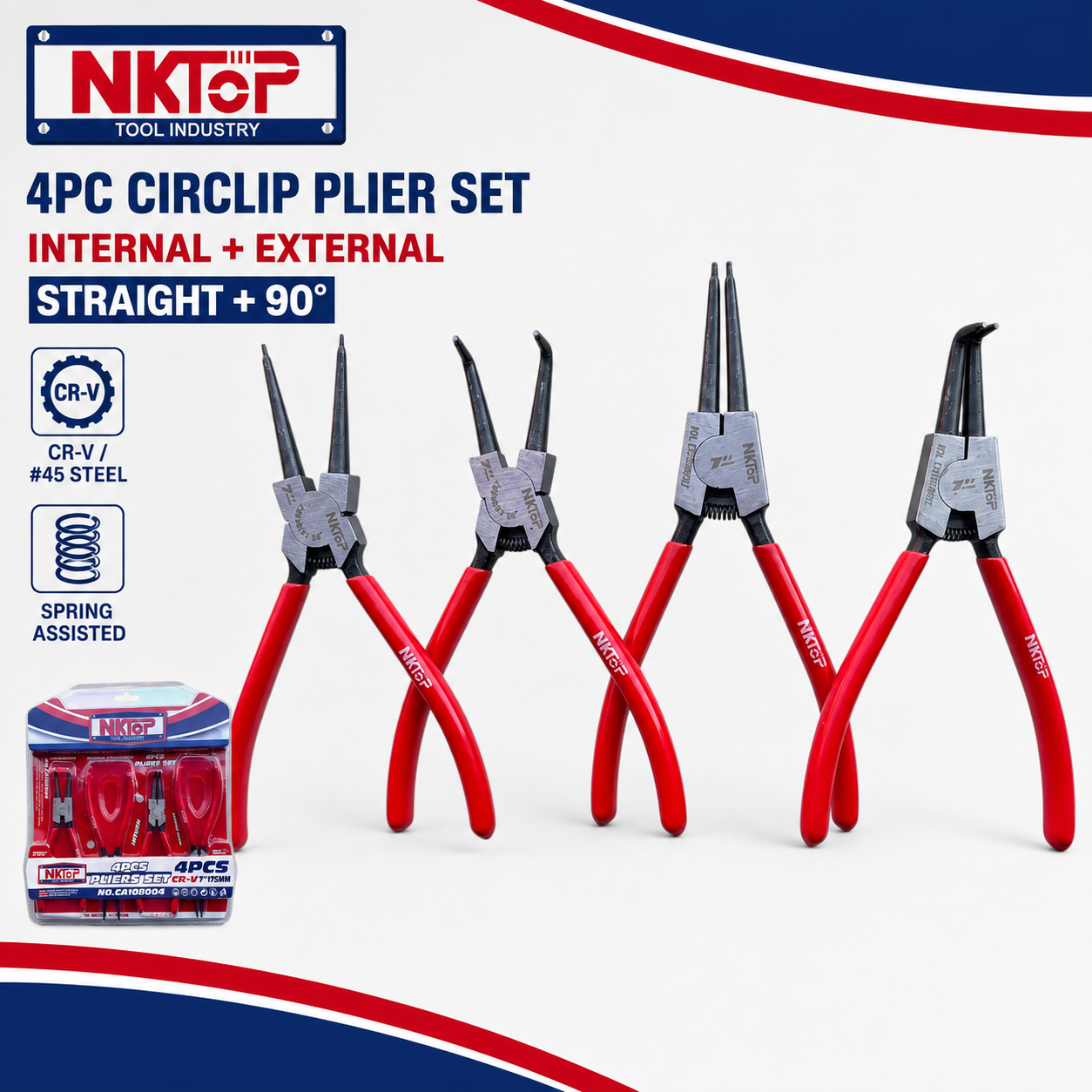 NKTOP 4pc 7" (180mm) Circlip Pliers Set Internal External Straight 90° Snap Ring