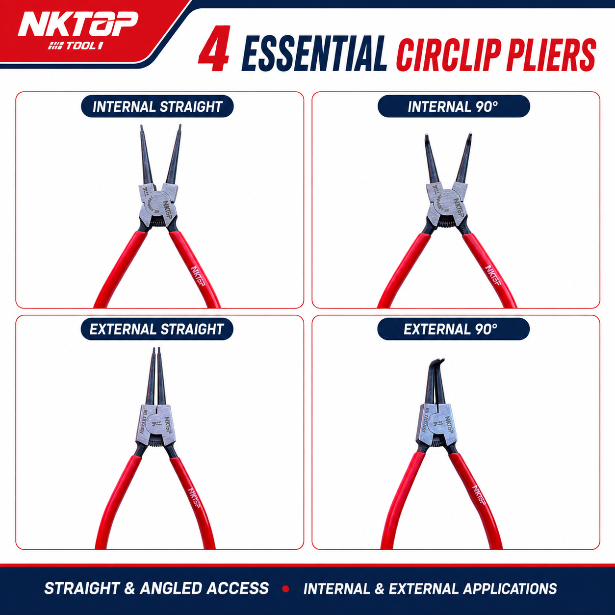 NKTOP 4pc 7" (180mm) Circlip Pliers Set Internal External Straight 90° Snap Ring
