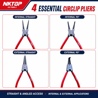 NKTOP 4pc 7" (180mm) Circlip Pliers Set Internal External Straight 90° Snap Ring