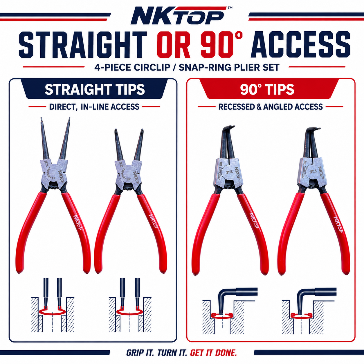 NKTOP 4pc 7" (180mm) Circlip Pliers Set Internal External Straight 90° Snap Ring