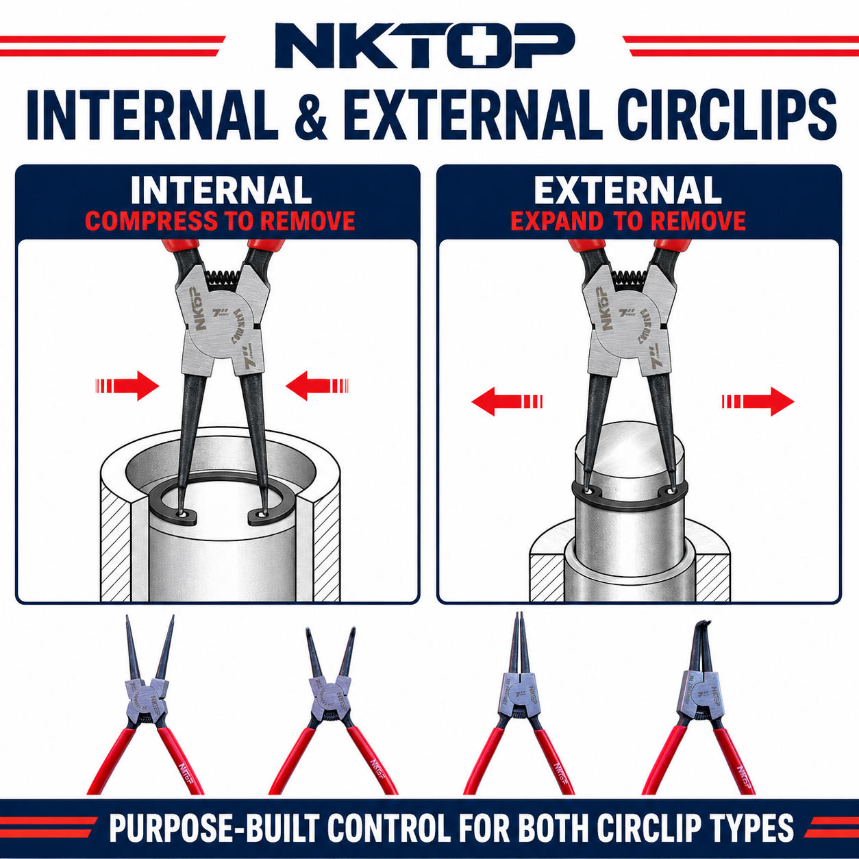 NKTOP 4pc 7" (180mm) Circlip Pliers Set Internal External Straight 90° Snap Ring