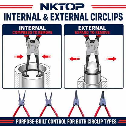 NKTOP 4pc 7" (180mm) Circlip Pliers Set Internal External Straight 90° Snap Ring