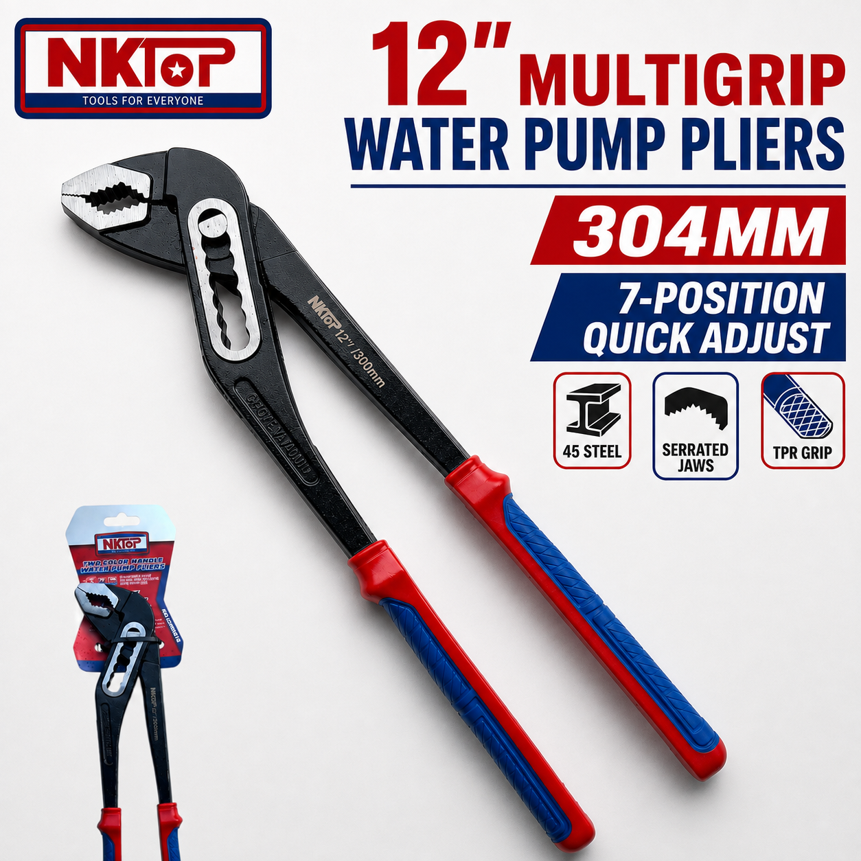 NKTOP 12" 304mm German Style Multigrip Water Pump Pliers 7 Position