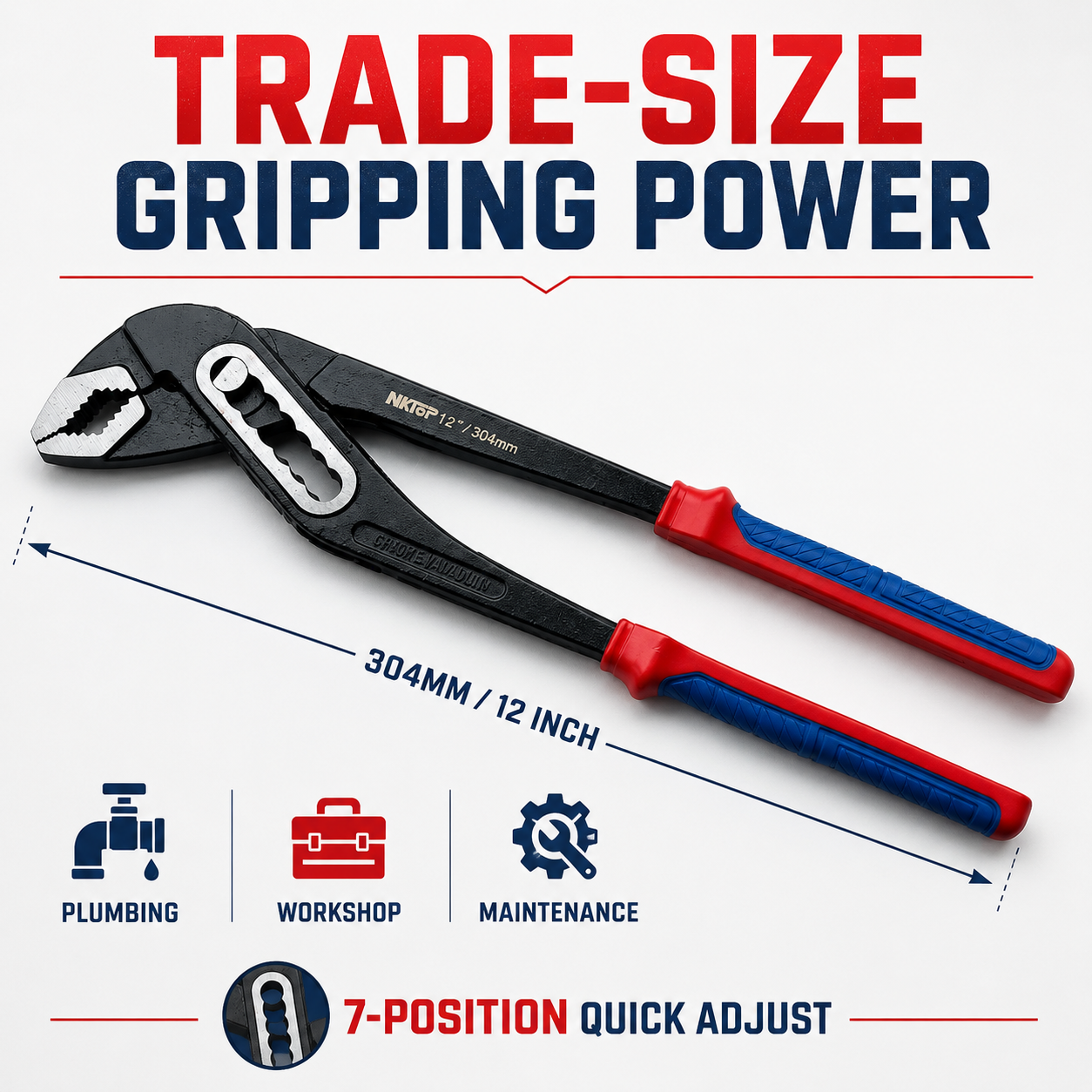 NKTOP 12" 304mm German Style Multigrip Water Pump Pliers 7 Position