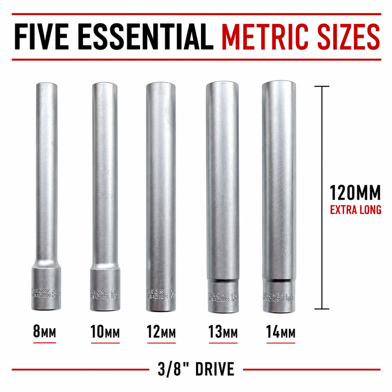 Torqpoint 5pc Extra Long 3/8" Drive Socket Set 120mm – 8–14mm