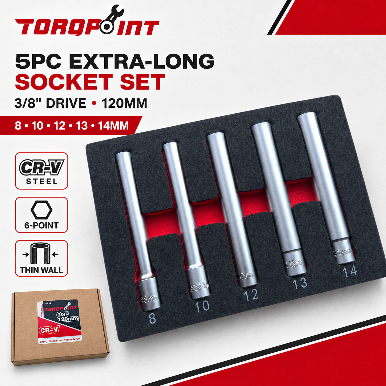 Torqpoint 5pc Extra Long 3/8" Drive Socket Set 120mm – 8–14mm
