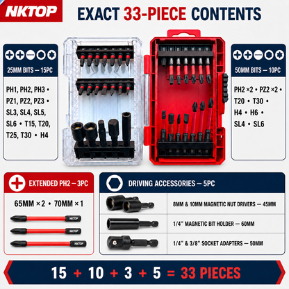 NKTOP 33pc Impact Driver Torsion Bit Set S2 Steel with Nut Drivers & Adapters