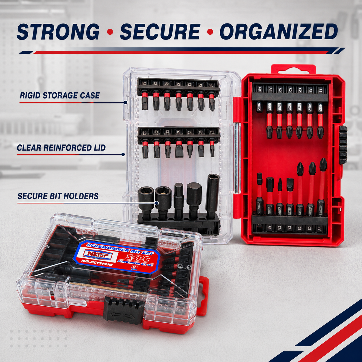 NKTOP 33pc Impact Driver Torsion Bit Set S2 Steel with Nut Drivers & Adapters