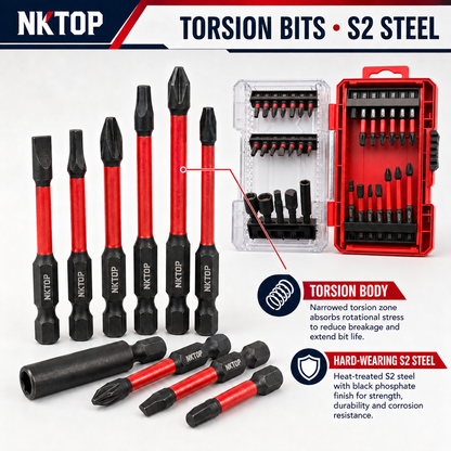 NKTOP 33pc Impact Driver Torsion Bit Set S2 Steel with Nut Drivers & Adapters