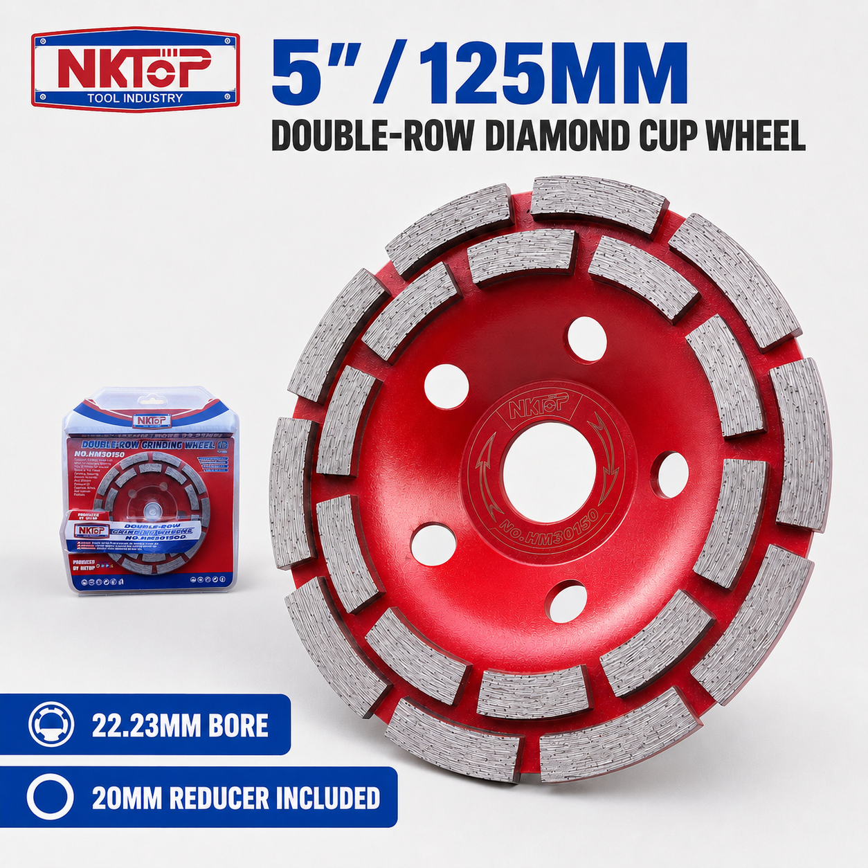 NKTOP 125mm 5" Double Row Diamond Concrete Grinding Cup Wheel 22.23mm