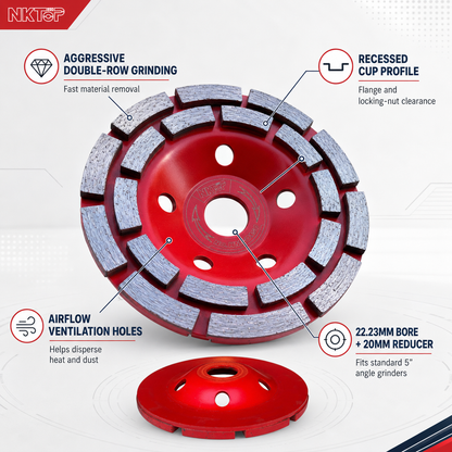 NKTOP 125mm 5" Double Row Diamond Concrete Grinding Cup Wheel 22.23mm