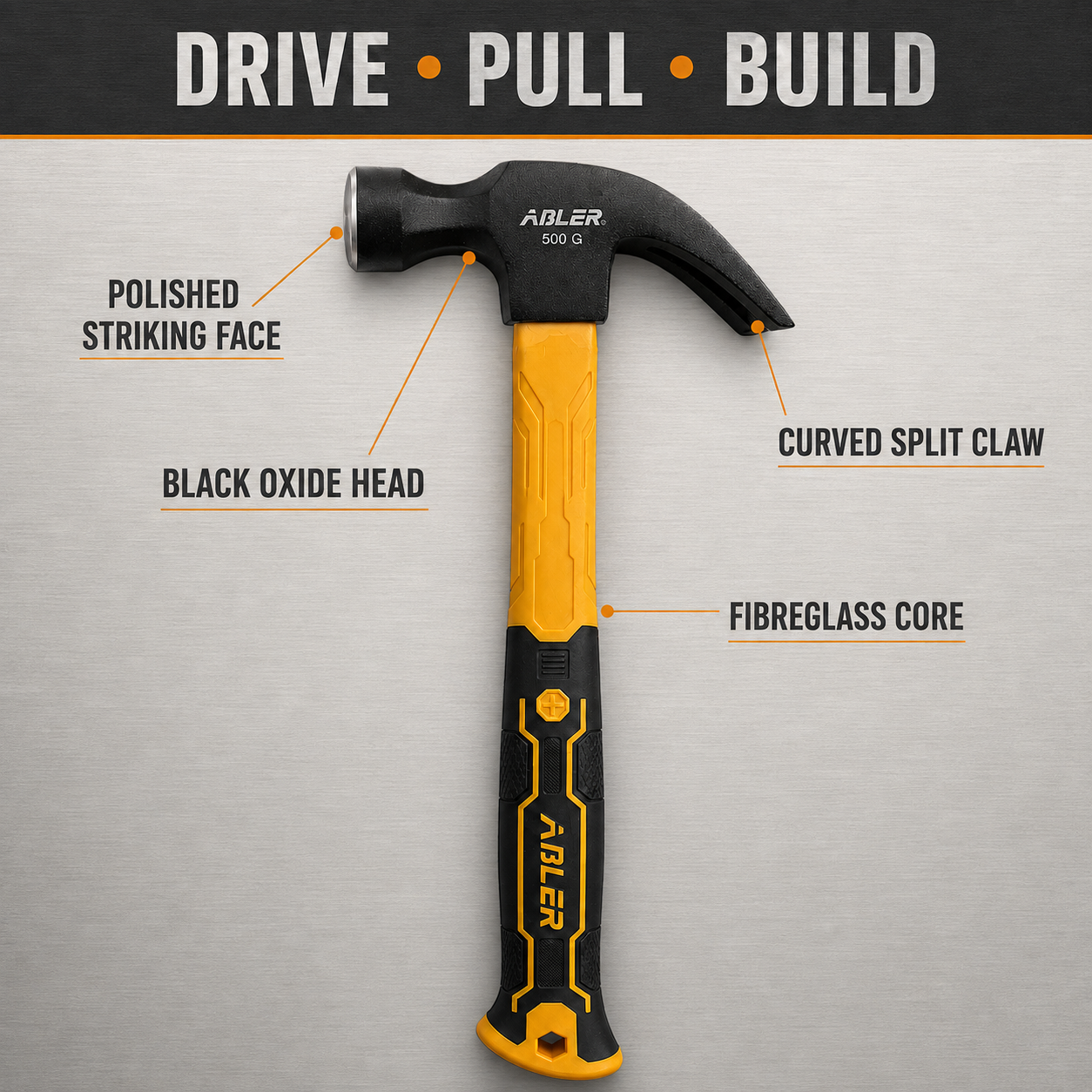 ABLER 17oz 500g Fibreglass Claw Hammer Ergonomic Rubber Grip 325mm