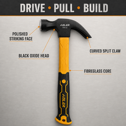 ABLER 17oz 500g Fibreglass Claw Hammer Ergonomic Rubber Grip 325mm