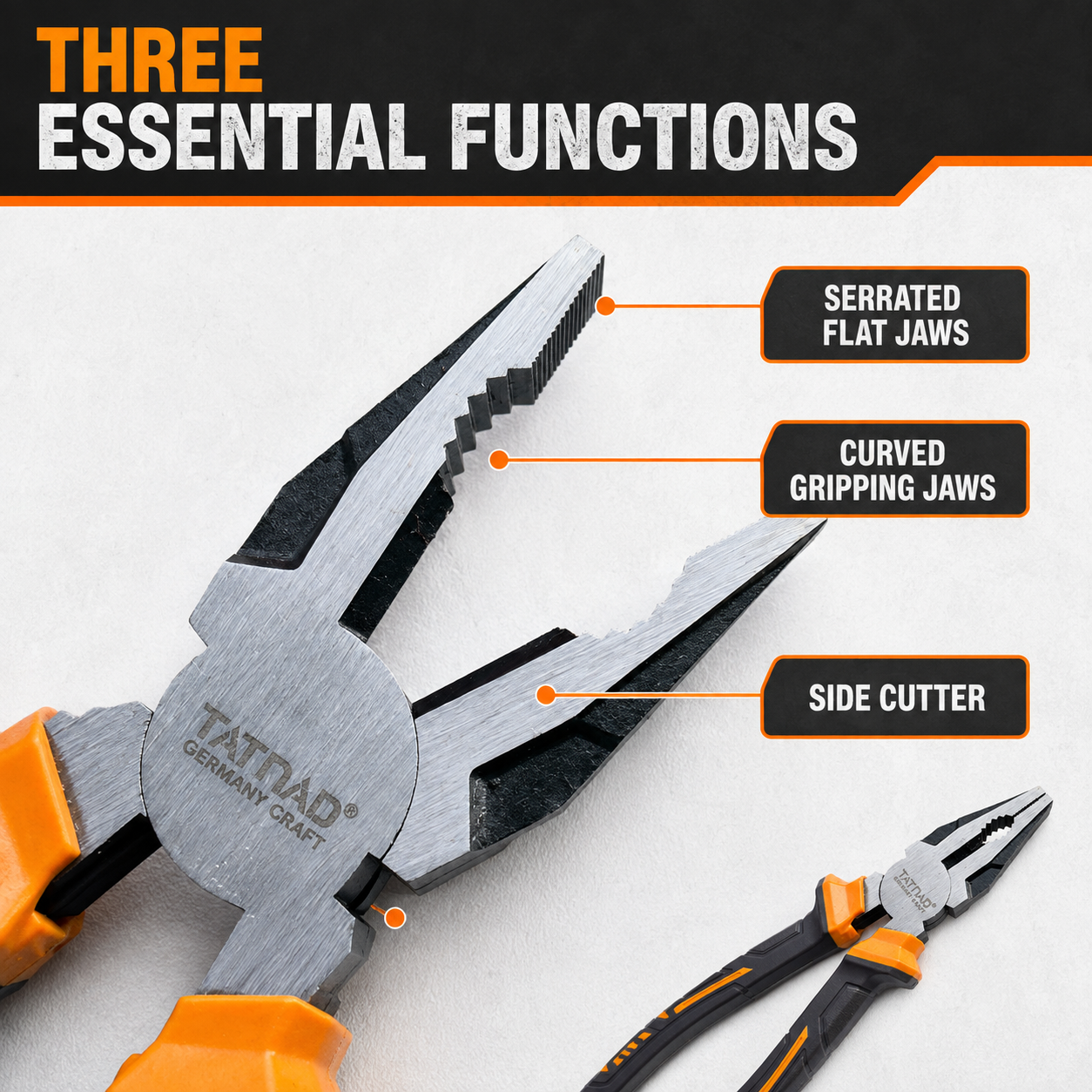 TATNAD 8" 200mm German Style Combination Pliers CR-V Side Cutter