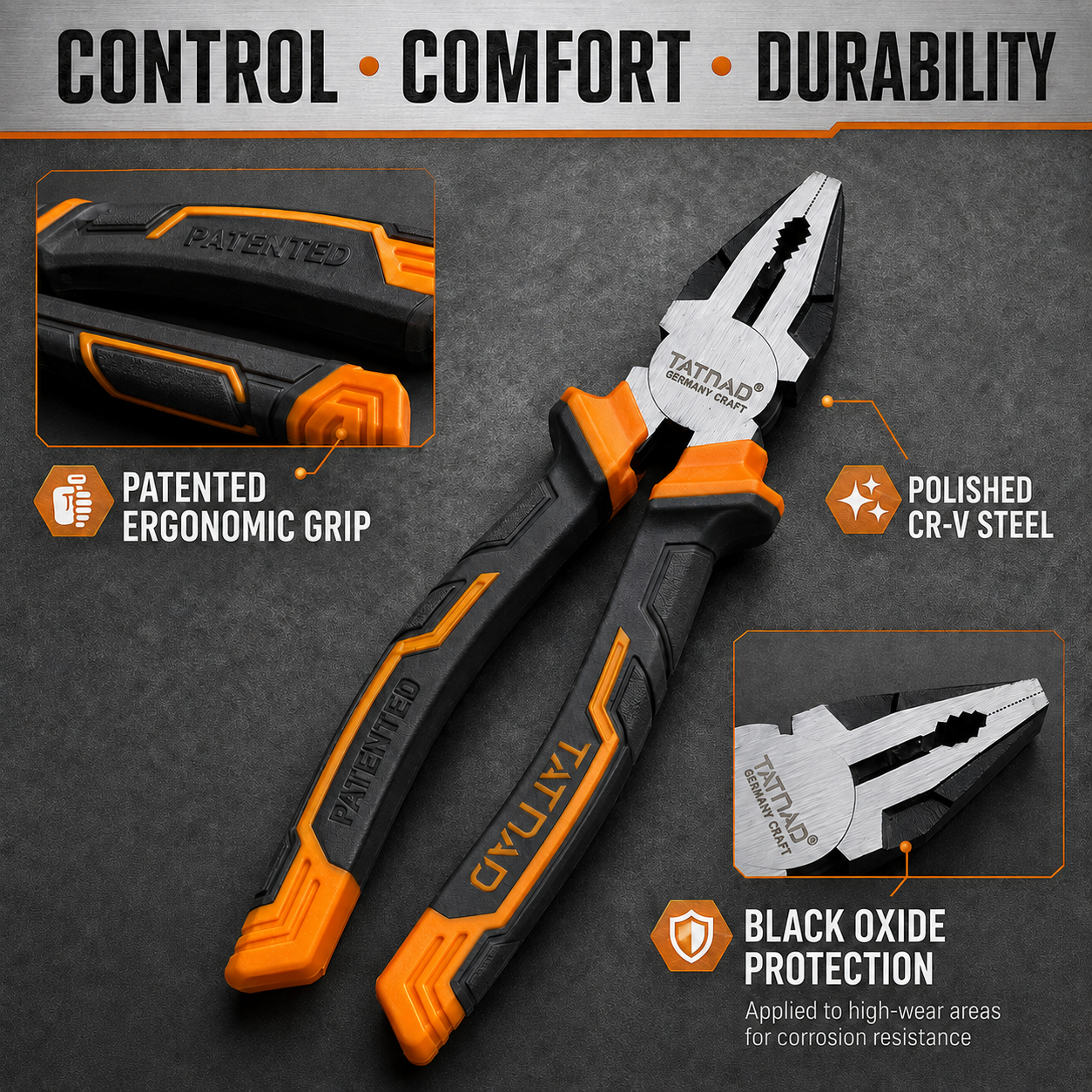 TATNAD 8" 200mm German Style Combination Pliers CR-V Side Cutter