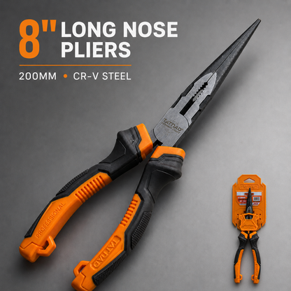 TATNAD 8" 200mm Long Nose Pliers CR-V Serrated Grip Side Cutter
