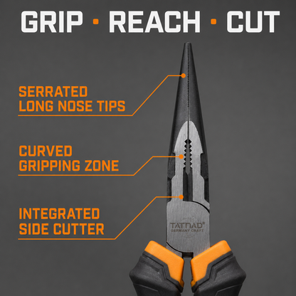 TATNAD 8" 200mm Long Nose Pliers CR-V Serrated Grip Side Cutter