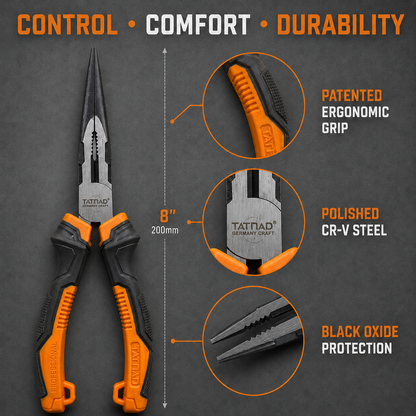 TATNAD 8" 200mm Long Nose Pliers CR-V Serrated Grip Side Cutter