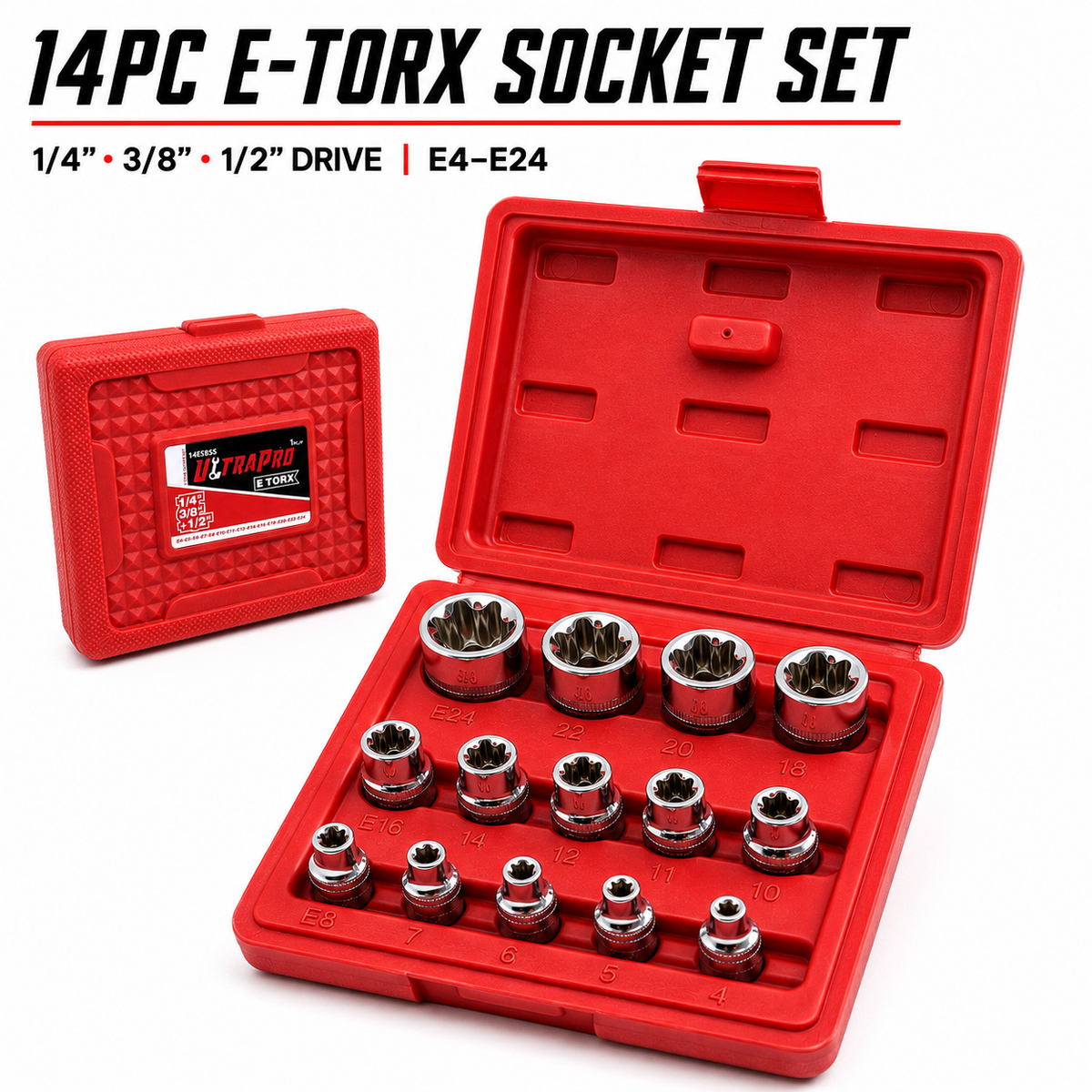 ULTRAPRO 14-Piece E-Torx Socket Set – E4–E24 | 1/4", 3/8" & 1/2" Drive