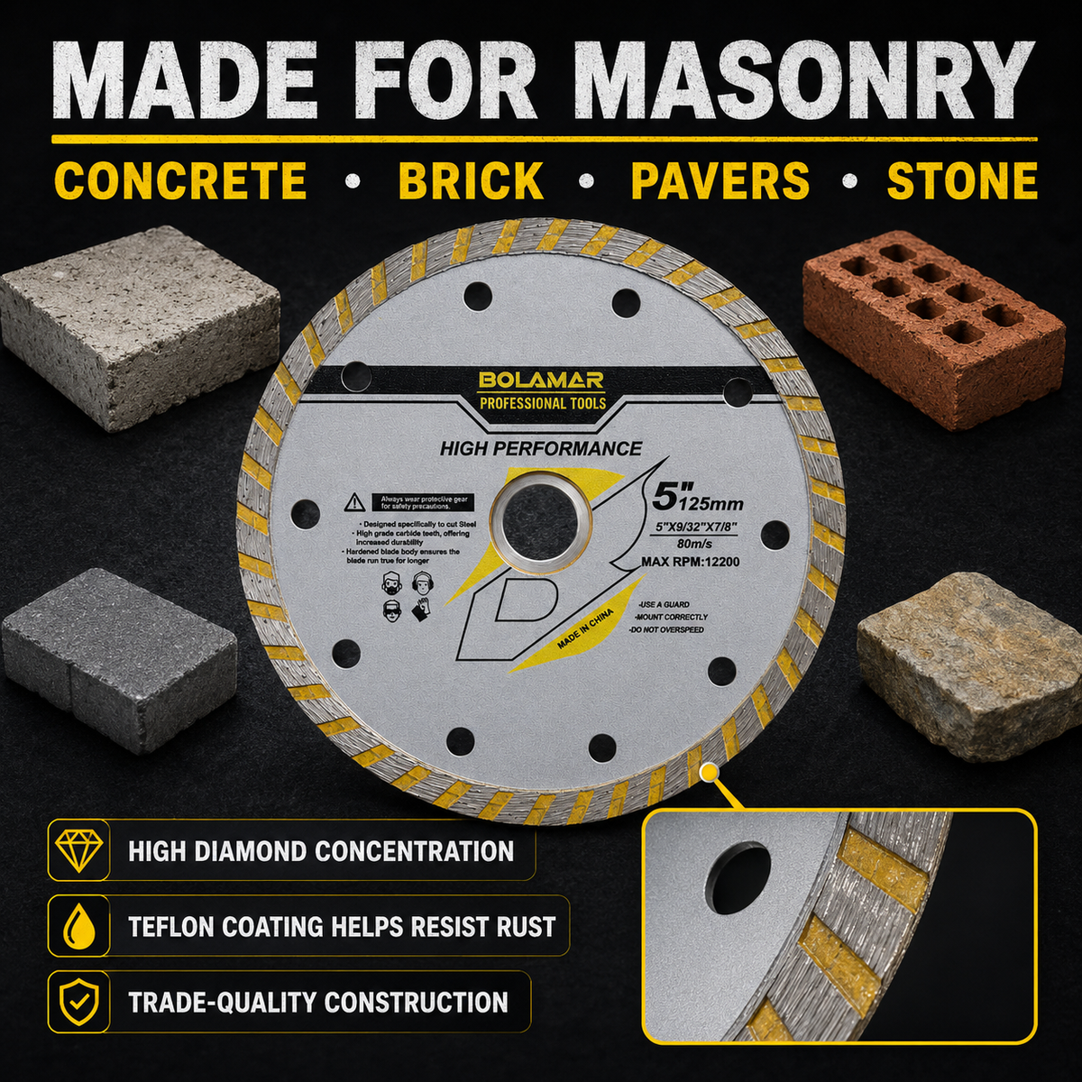 BOLAMAR 5" 125mm Turbo Diamond Blade Concrete Masonry 22.23mm Bore
