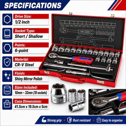 NKTOP 24pc 1/2" Drive Metric Short Socket Set 6-Point 10-32mm CR-V Steel Case