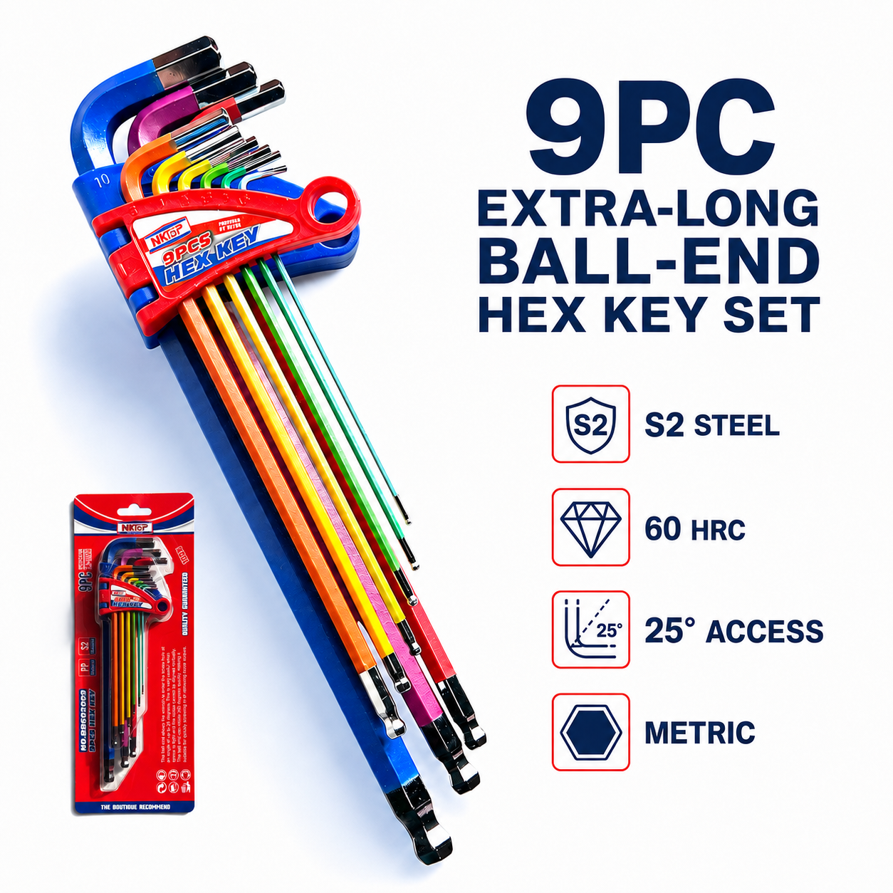 NKTOP 9pc Extra Long Ball-End Hex / Allen Key Set – Metric S2 Steel