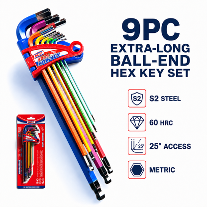 NKTOP 9pc Extra Long Ball-End Hex / Allen Key Set – Metric S2 Steel