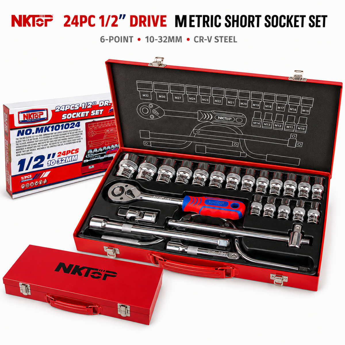 NKTOP 24pc 1/2" Drive Metric Short Socket Set 6-Point 10-32mm CR-V Steel Case