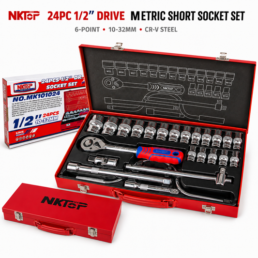 NKTOP 24pc 1/2" Drive Metric Short Socket Set 6-Point 10-32mm CR-V Steel Case